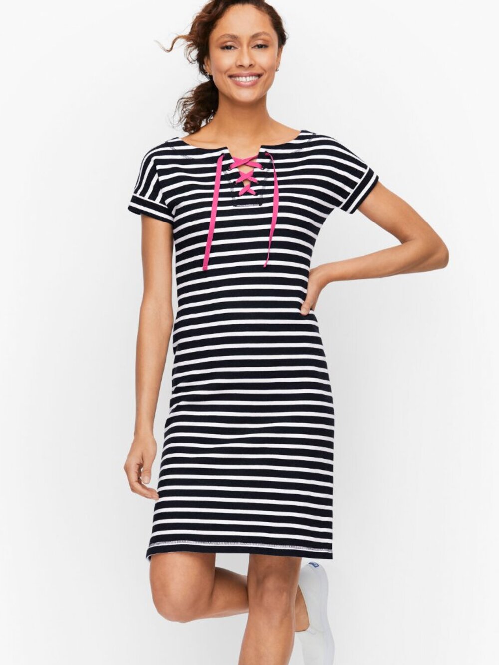 T by Talbots Cotton Terry Stripe Lace-up Dress Saltwater Medium Petite Coastal